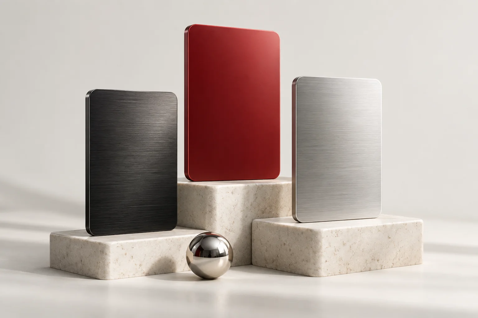 Three account cards in graphite, red and silver displayed on pale stone platforms
