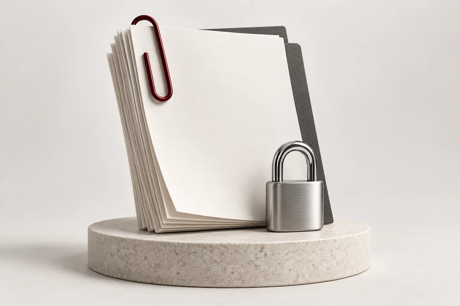 A stack of company documents with a metal padlock and red paper clip