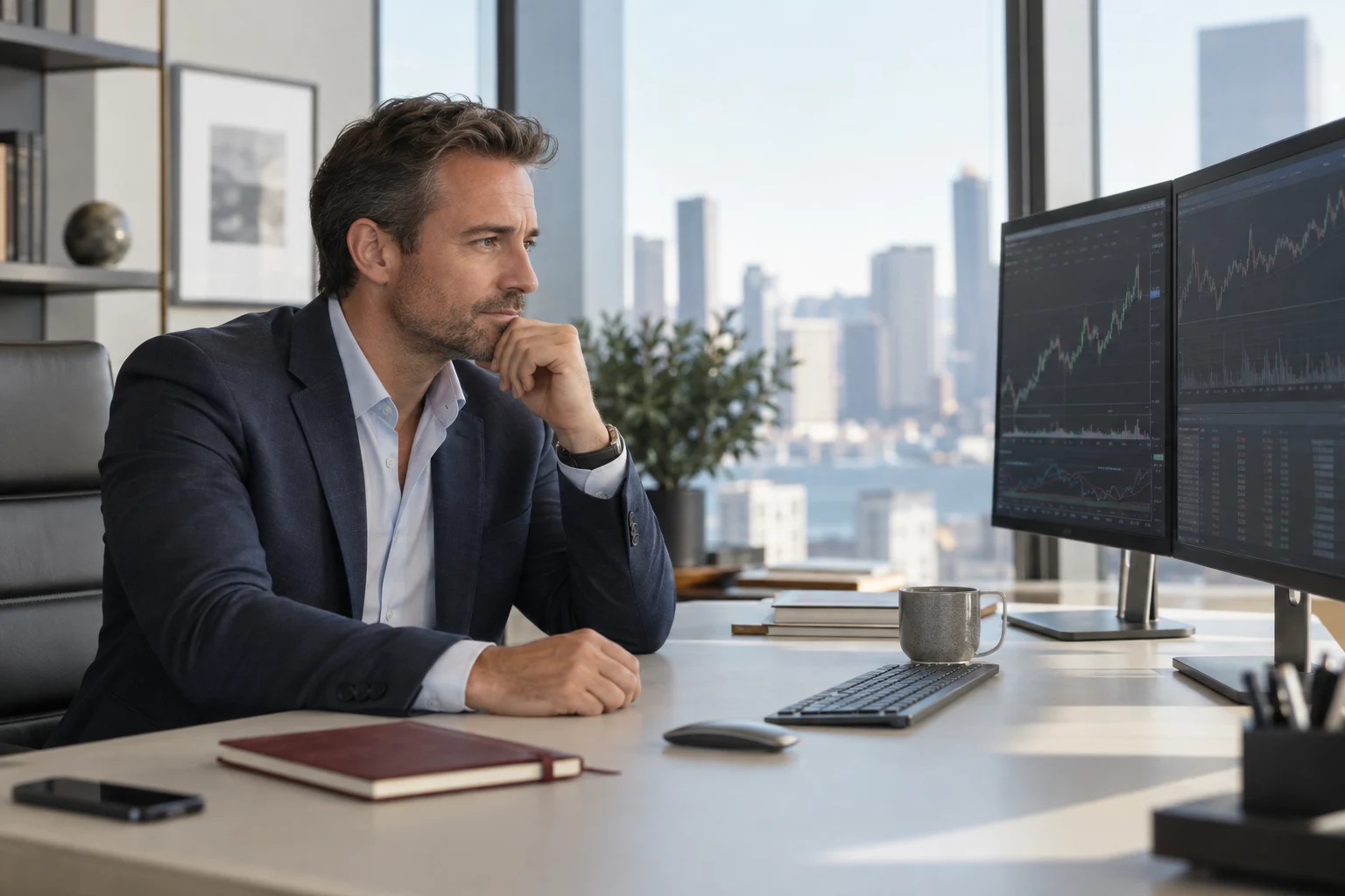 A portfolio manager reviewing market charts at a trading workstation