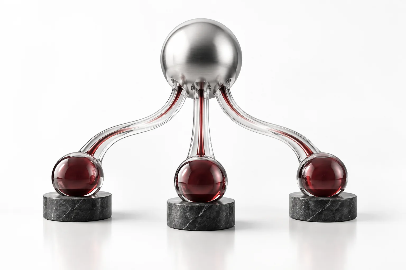 One silver sphere connected to three smaller spheres, representing managed allocation