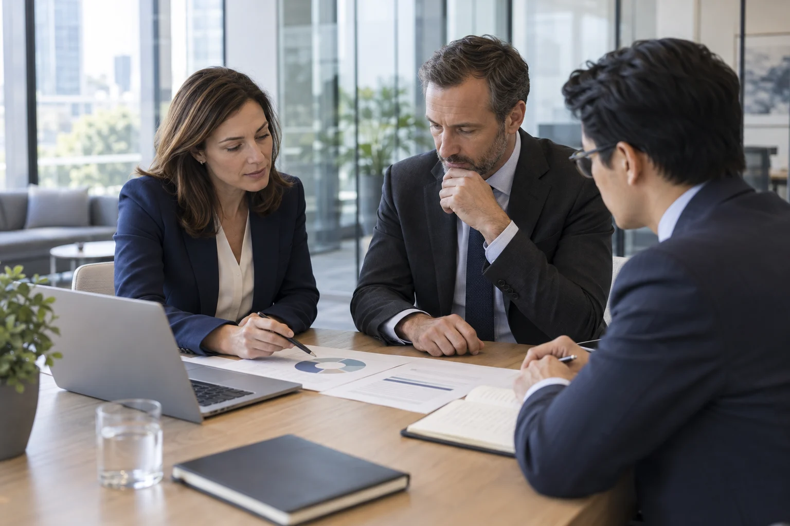 Professionals reviewing company account documents together