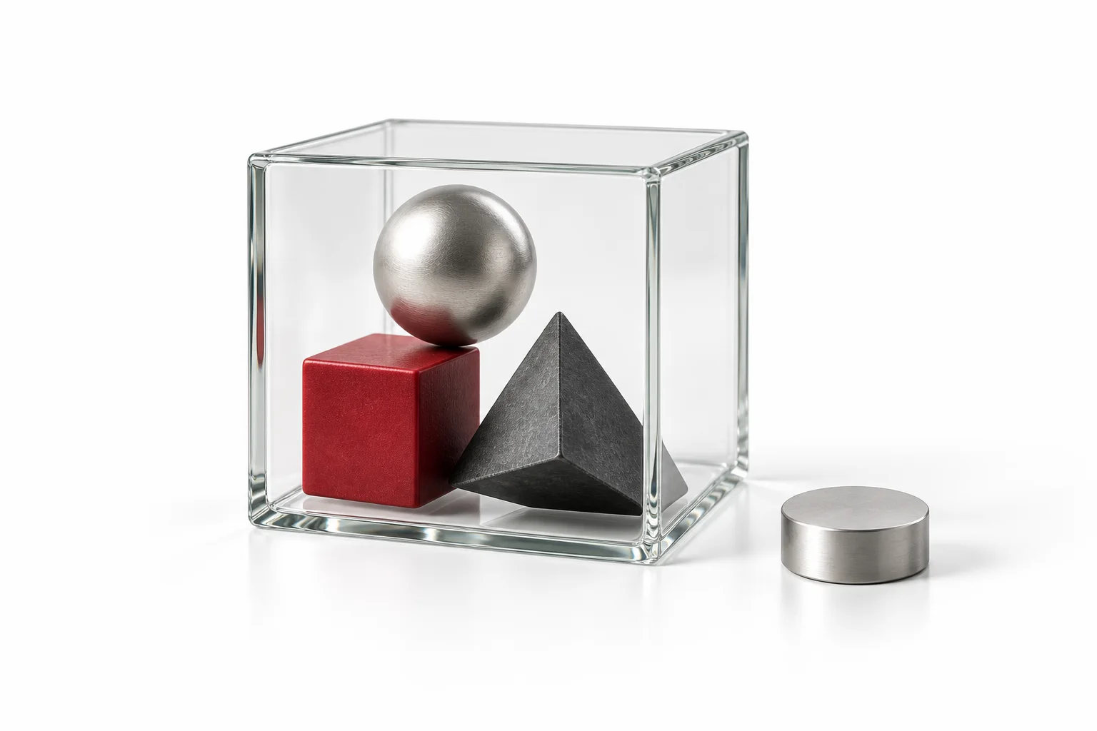 Geometric trading practice objects contained within a clear glass cube