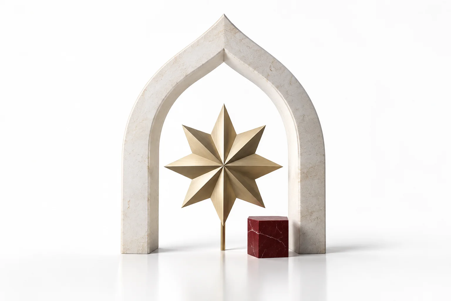 A sculptural geometric star within a pale stone arch