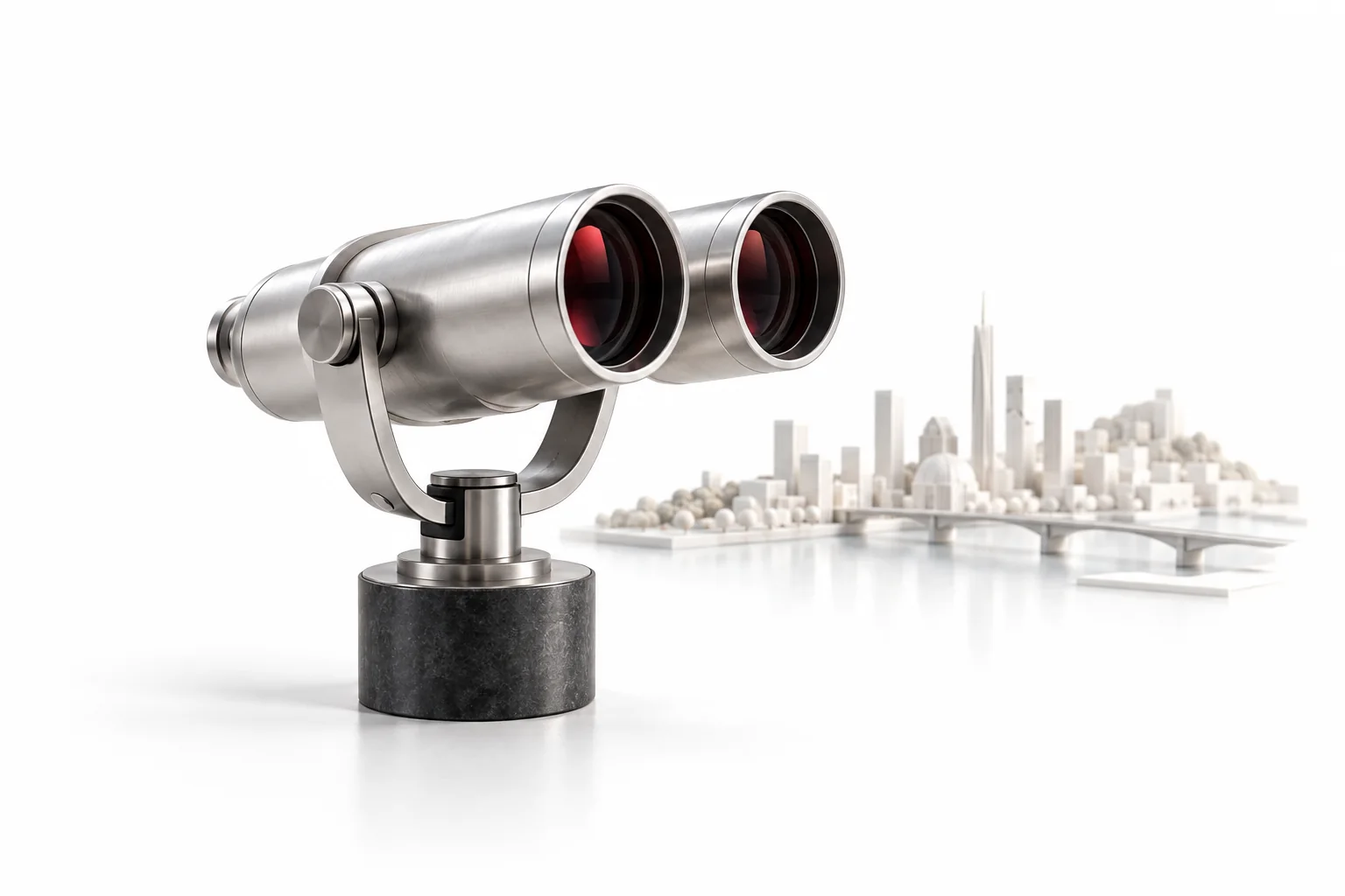 Silver viewing binoculars overlooking a miniature city