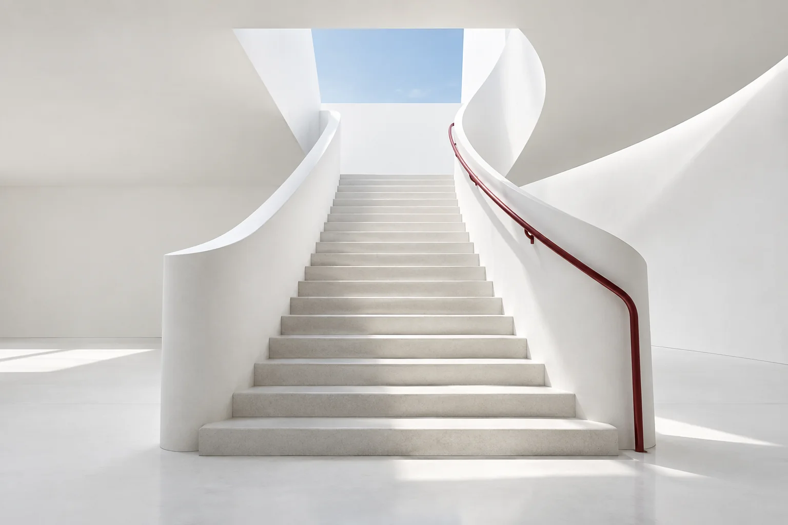 An architectural staircase with a red handrail rising towards daylight
