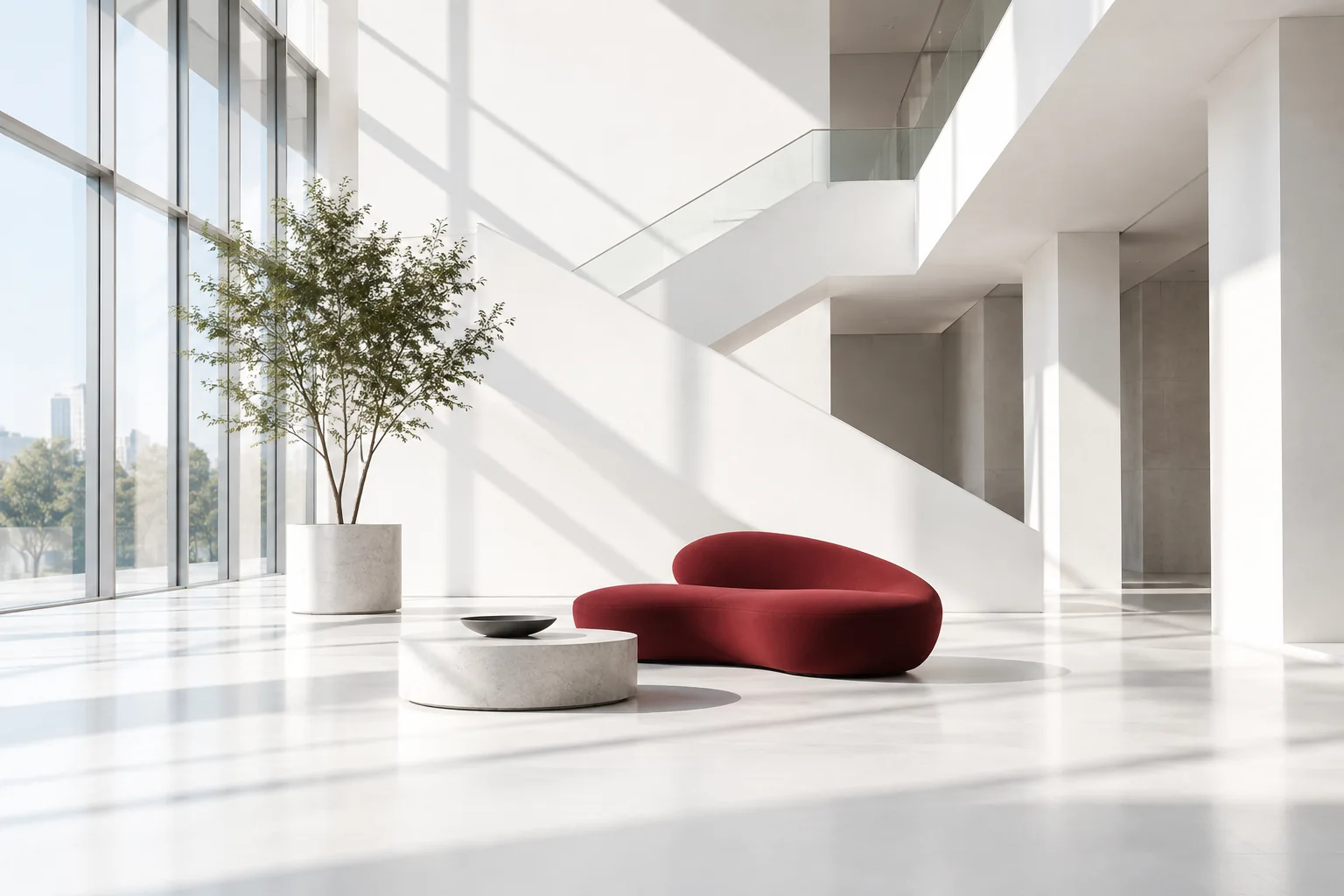 A sunlit architectural interior with a sculptural red seat