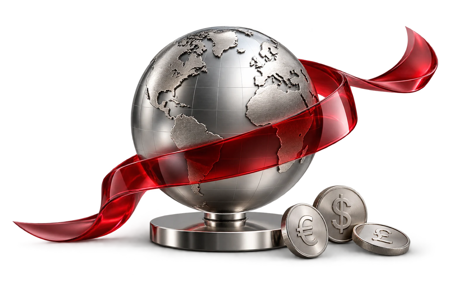 Silver globe and international currency coins with a flowing red ribbon